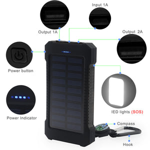 Solar 10000mAh Double USB Solar charger External Battery Portable Charger Bateria Externa Pack for phones with a Compass Hook